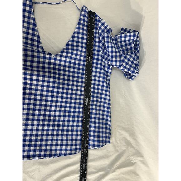 Cottage feminine Boutique White‎ Birch Double Bell Sleeve Gingham Plaid Top Sz M - Picture 5 of 6